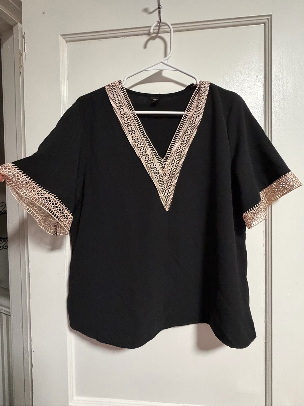SHEIN Black Top with Beige Crochet Accent